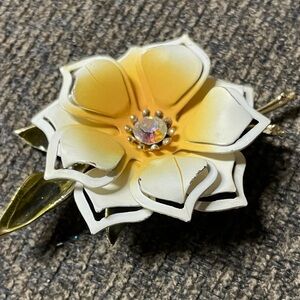 Vintage Ivoryand Gold Floral Brooch w/AB crystal center